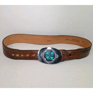 Vtg Litwin Leather Belt With Metal Western Turquoise Stone Buckle Size 30